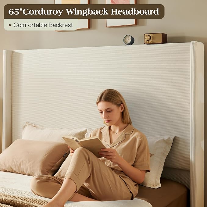 King Bed Frame with 65" Tall Headboard, Horizontal Fine Corduroy Bed Frame with - Image 3