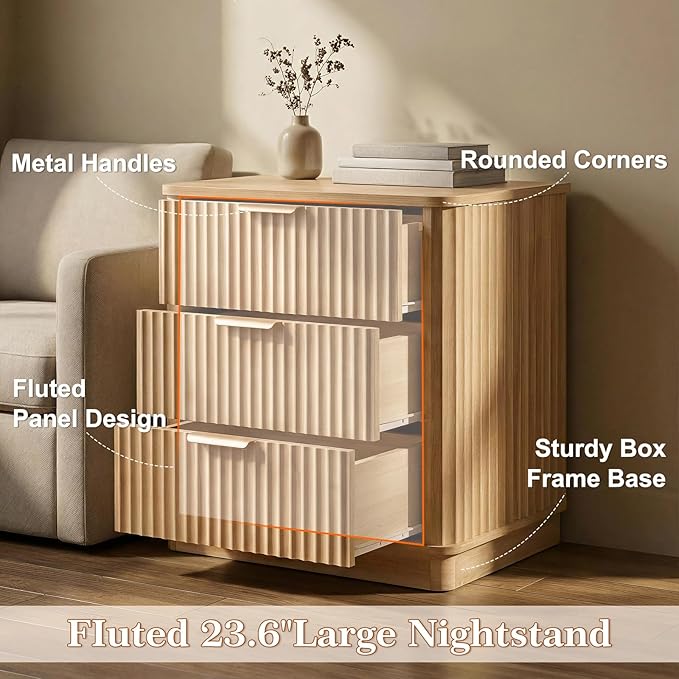LYNCOHOME Fluted Night Stand Set of 2, Large 3 Drawer Nightand, Wood Bedside - Image 4