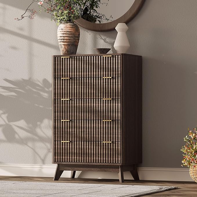 43'' Hight 5 Drawers Dresser for Bedroom, Modern Fluted Vertical Chest by TROJMHome