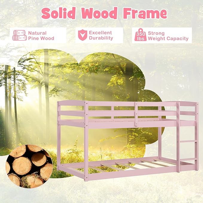 KOMFOTT Low Bunk Bed Twin Over Twin, Solid Wood Twin Bed Frame - Image 5