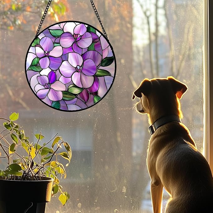 DASTOLL Stained Glass Window Hanging 4 Pcs Set Purple Flower Theme 6.3" - Image 4