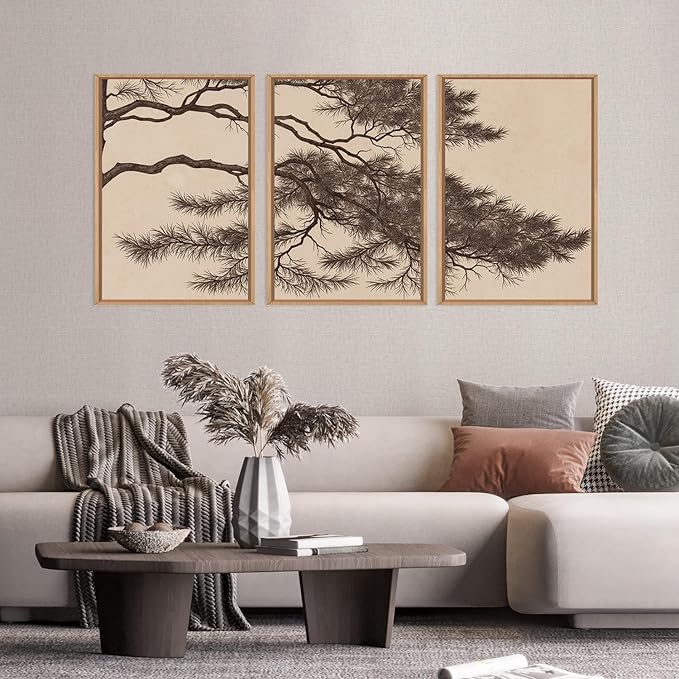 LHIUEM Large Vintage Pine Tree Branch Framed Canvas Wall Art, Sketch Botanical - Image 3