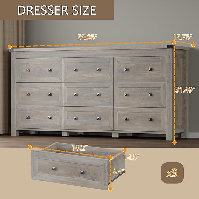 BORNOON 9-Drawer Dresser, Modern Wooden Storage Chest of Drawers, Dresser TV - Image 2