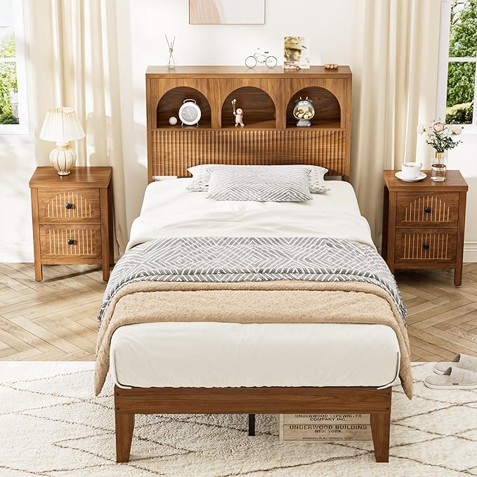 Twin Bed Frame with Wave Headboard, Wooden Headboard with 3 Arched Storage - Image 9