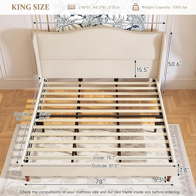 koorlian King Size Bed Frame Fully Upholstered Platform Bed - Image 2