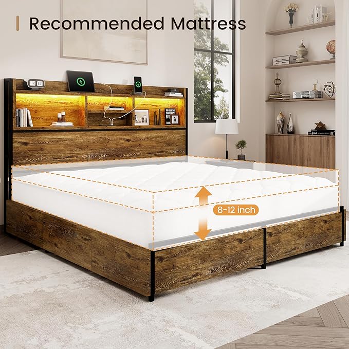 King Storage Bed Frame with 6 Drawers, USB Charging Station, No Noise, No Box - Image 8