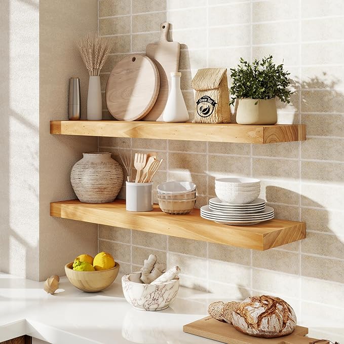 fuqing Floating Shelves for Wall, 30 inch Rustic Solid Elm Wood Floating Shelves - Image 2