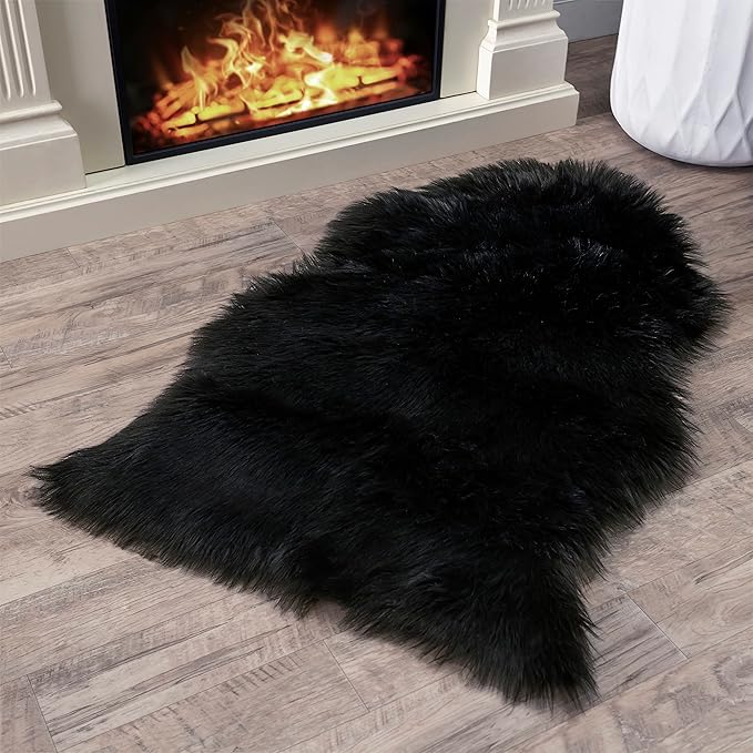 Silky Soft Faux Fur Rug, 2 ft. x 3 ft. Black Fluffy Rug, Sheepskin Area Rug by WalkonMe