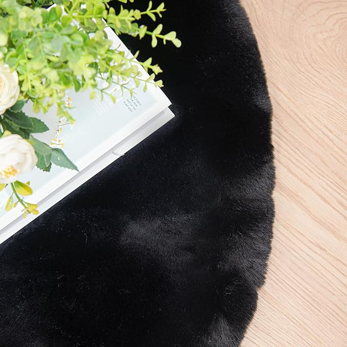 Black Round Plush Rugs for Bedroom Faux Bunny Fuzzy Washable Fur Area Rugs for - Image 8