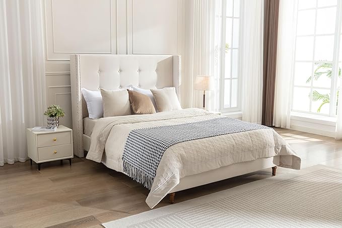 Queen Size Upholstered Bed Frame, Hand Buttoned Tufting Headboard Beds/No Box - Image 5