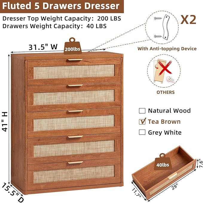 LEYAOYAO Rattan Dresser for Bedroom Set 2, Modern 5 Drawers Boho Dressers - Image 3