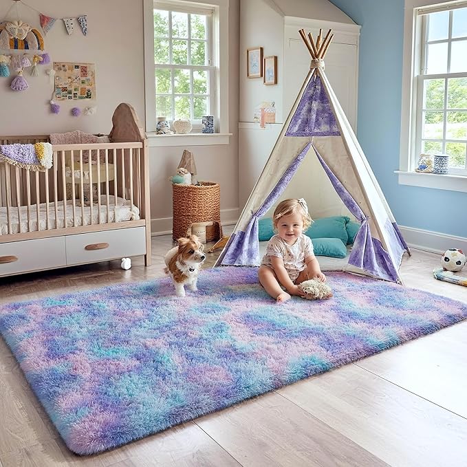 Ophanie Rainbow Purple Rug for Bedroom Girls, Unicorn Colorful Mermaid Fluffy - Image 5