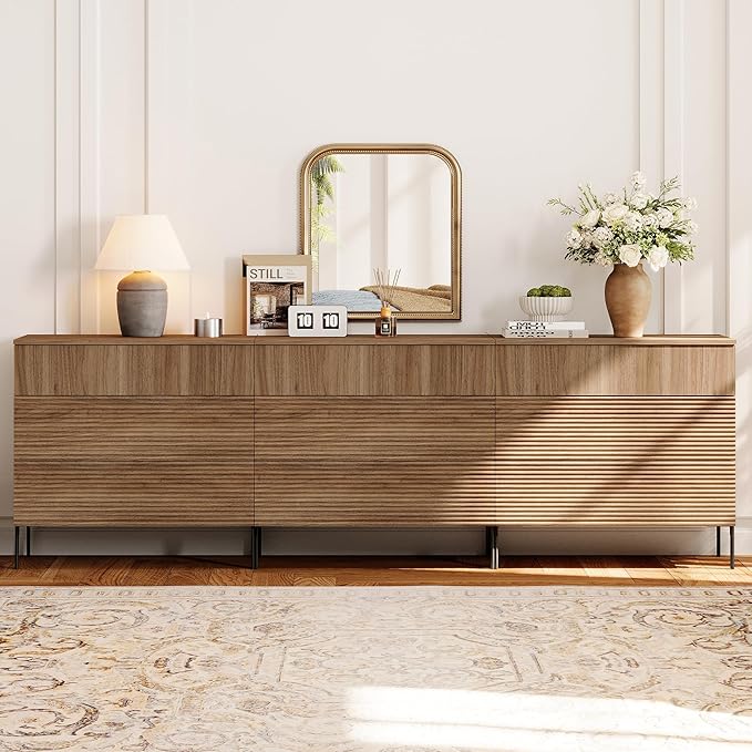 WAMPAT 94.5" W Fluted Dresser for Bedroom, Modern 9 Drawer Dresser TV Stand by WAMPAT
