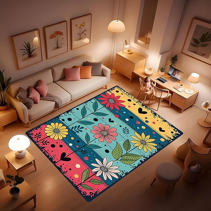 Machine Washable 5' x 7' Folk Art Print Style Area Rug, Flowers Floor mat - Image 3