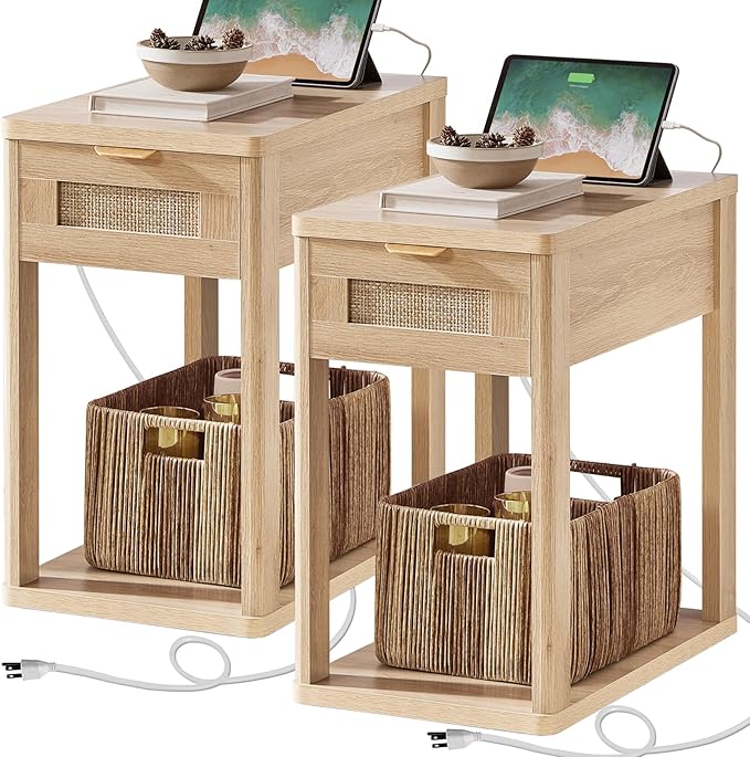 LEYAOYAO Narrow Side Table Set 2, 24x14'' Rattan Night Stand by LEYAOYAO-Findtheshiningpointofyourideallife%EF%BC%81