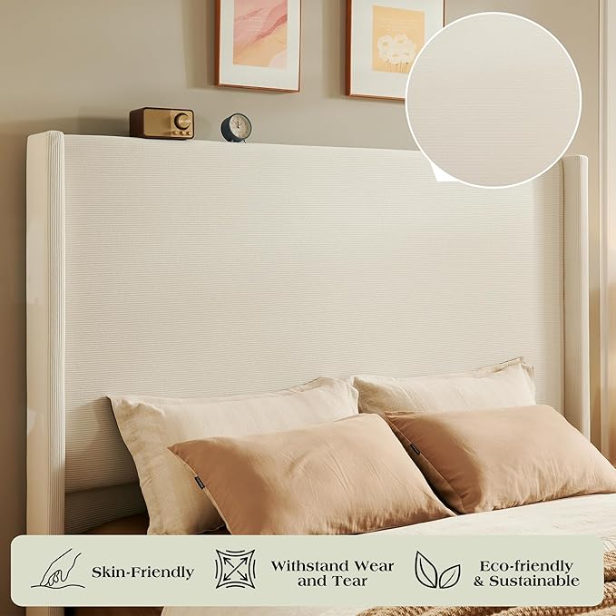 King Bed Frame with 65" Tall Headboard, Horizontal Fine Corduroy Bed Frame with - Image 4