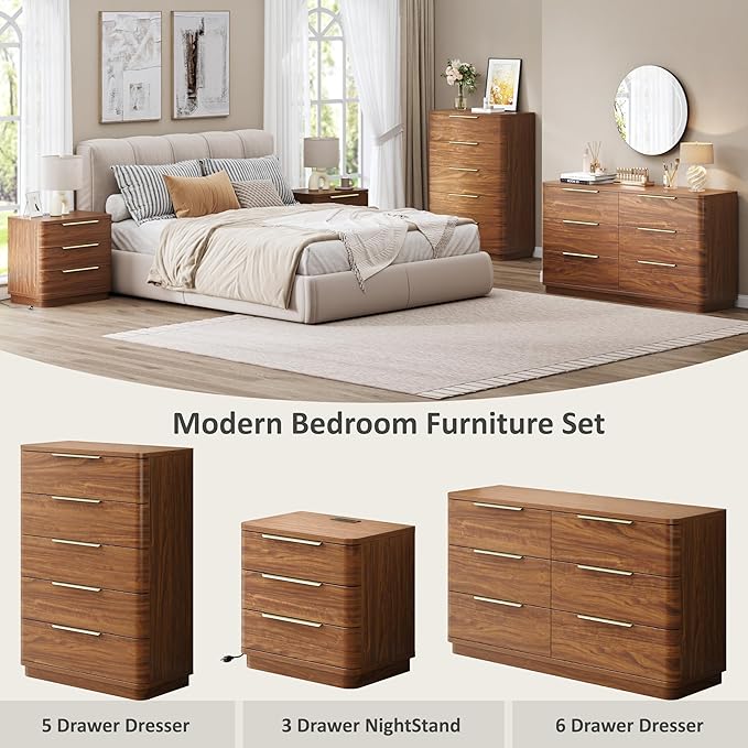 6 Drawer Dresser for Bedroom, Curved Profile Design, Wooden Walnut Dresser - Image 5