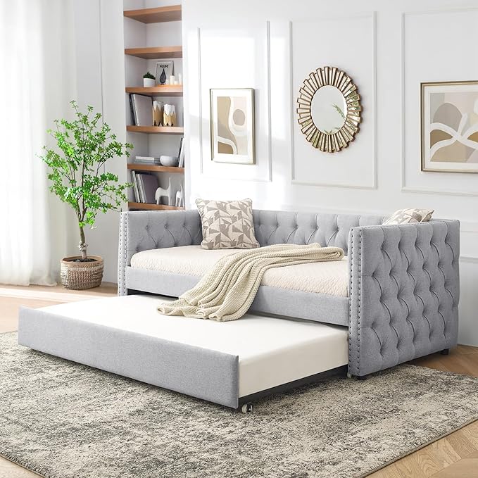 Antetek Daybed with Trundle, Upgraded Linen Upholstered Twin Size Day Bed by Antetek