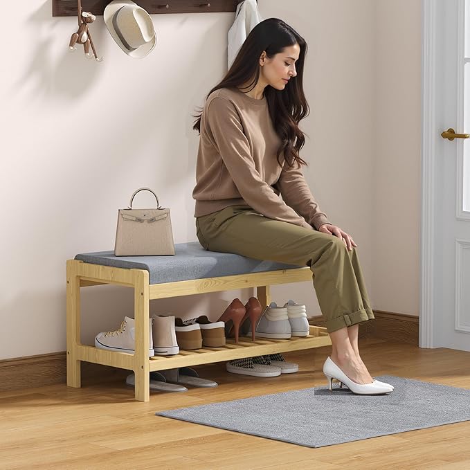 Shoe Bench Entryway, Solid Wood 2-Tier Shoe Rack Bench - Image 2