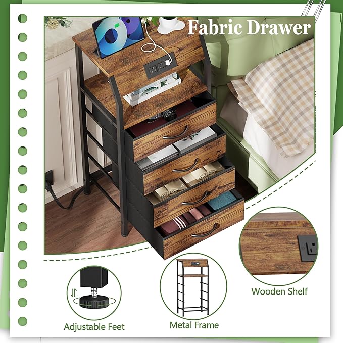 Furnulem Night Stand with Charging Station, Small Dresser with 4 Fabric Drawers - Image 7