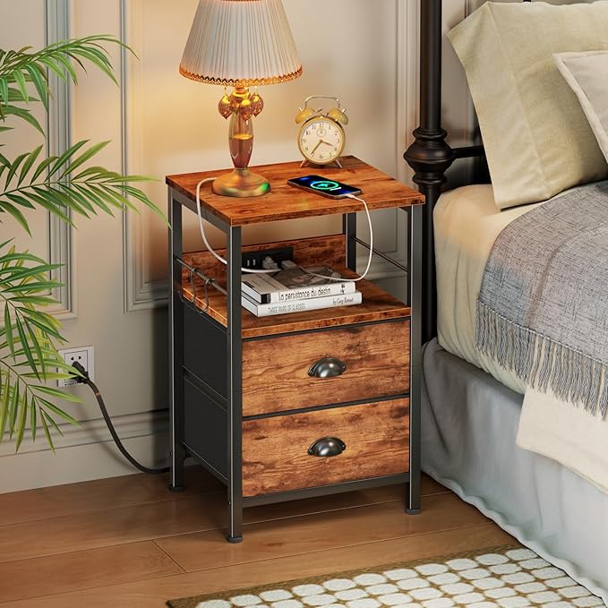 Furologee End Table with Charging Station, Nightstand with Fabric Drawers - Image 2