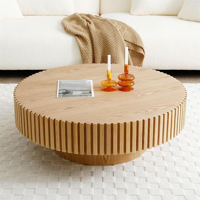 LKTART Round Coffee Table for Living Room, Accent Fluted Drum Coffee Table - Image 5