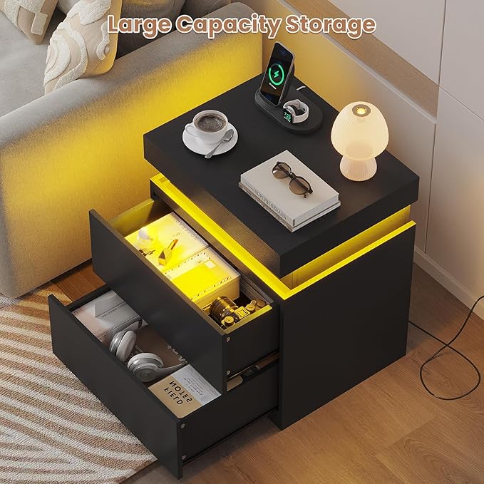 ADORNEVE Black Nightstand with Charging Station and LED Lights, Night Stand - Image 8