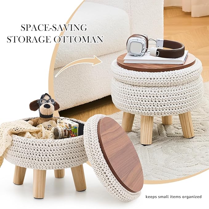 LGENHOOM Round Storage Ottoman Foot Rest Cotton Braided Foot Stool Pouf Ottoman - Image 6