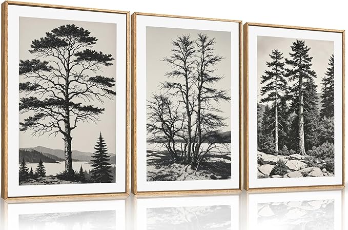 LHIUEM Large Vintage Sketch Tree Framed Wall Art Set, Antique Black and White by LHIUEM