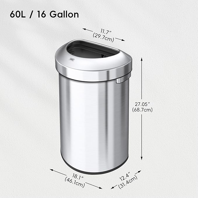 EKO Urban 16 Gallon Semi-Round Open Top Waste Bin, Stainless Steel Half Round - Image 3