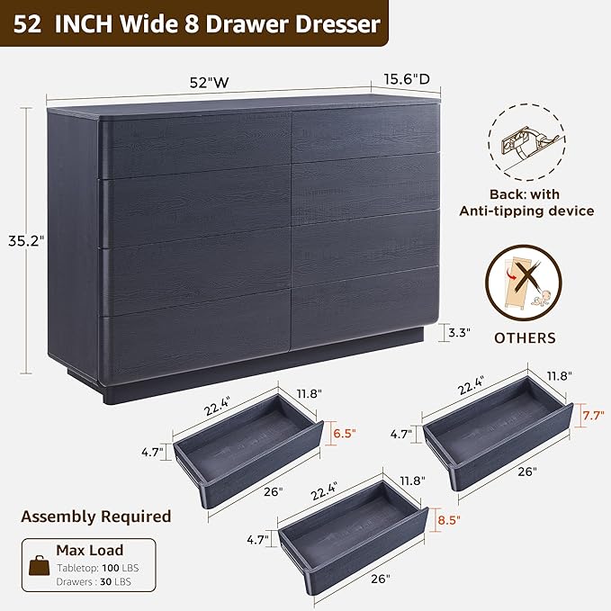 ACCOHOHO 8 Drawer Dresser for Bedroom, 52 Inch Wide Modern Chest of Drawers - Image 2