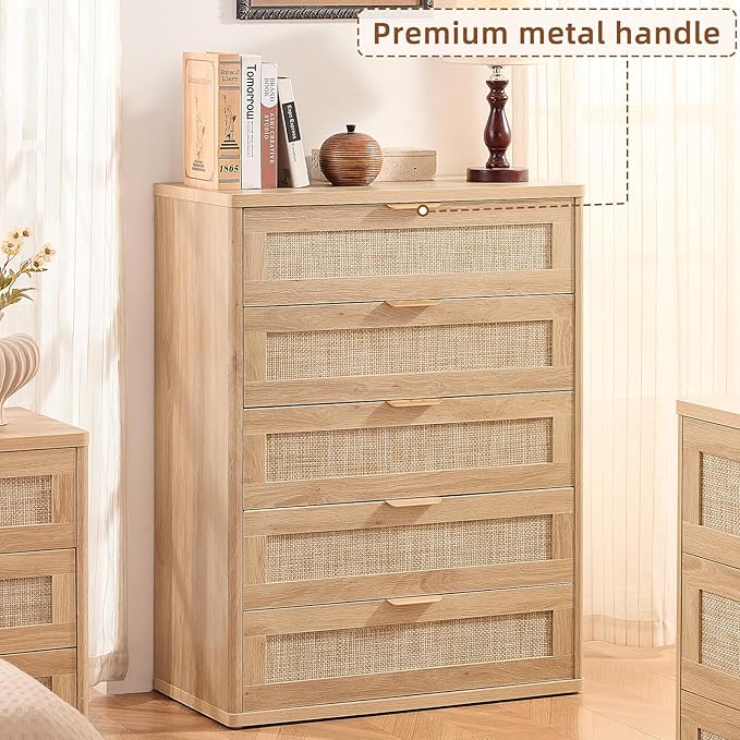 LEYAOYAO Rattan Dresser for Bedroom, Modern 5 Drawers Boho Dressers - Image 6