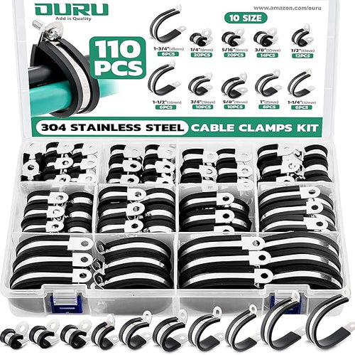 110PCS Cable Clamps Assortment Kit, 10 Sizes—1/4" 5/16" 3/8" 1/2" 5/8" 3/4" 1" by OURU