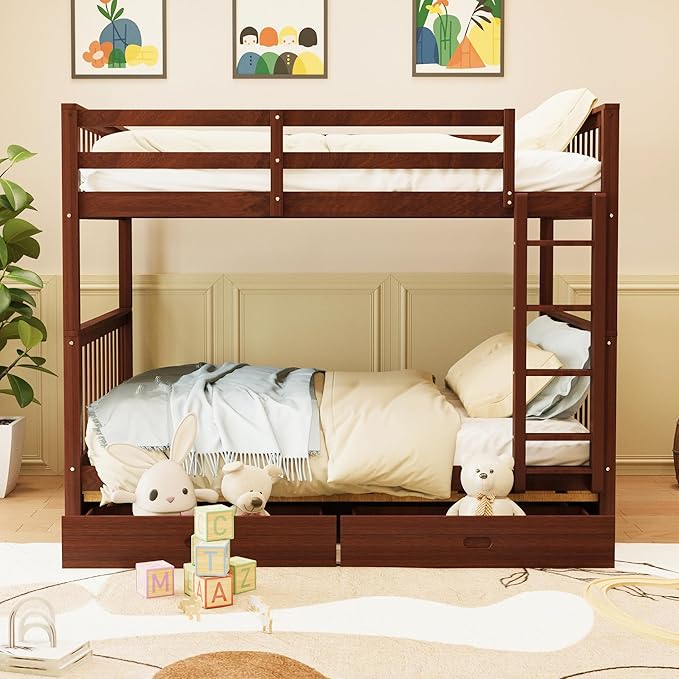 Merax Wood Bunk Bed with Drawers, Full Over Full Convertible Bunk Bed with - Image 3