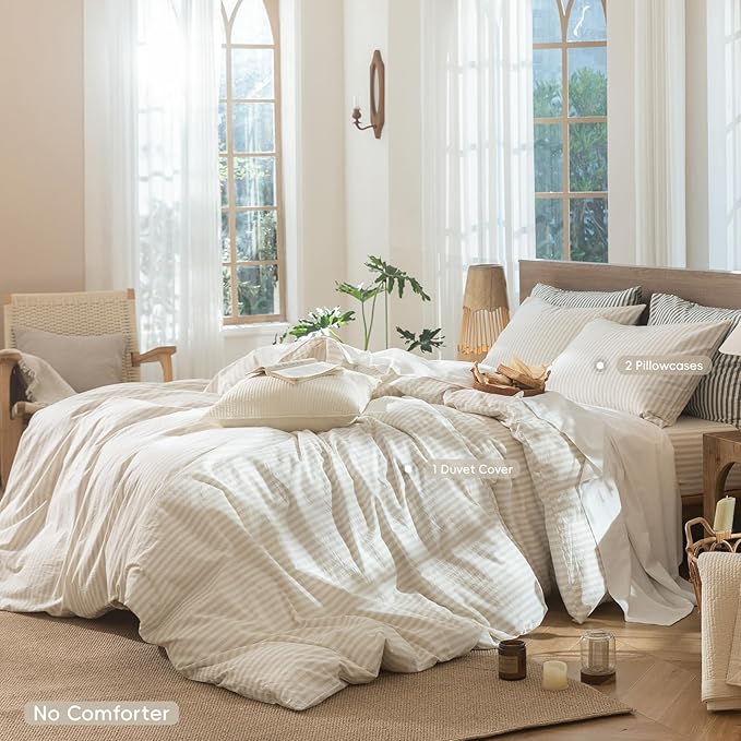 MooMee Striped Duvet Cover Set 100% Washed Cotton Linen Like Textured - Image 2