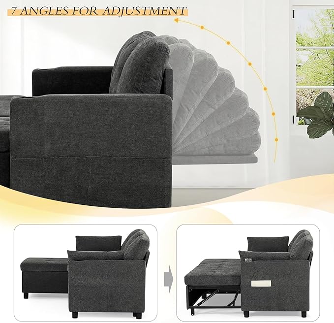 84" Fabric Pull Out Sofa Bed w/Adjustable Backrest, L-Shape Modern Sleeper Sofa - Image 5