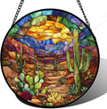 CRISGIF Stained Glass Window Hanging Cactus Mountains Landscape 7.8" by Follow