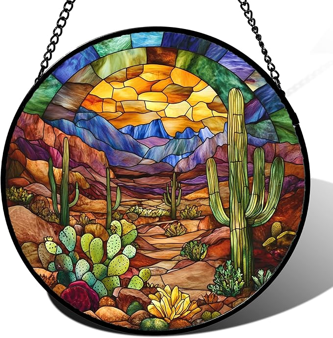 CRISGIF Stained Glass Window Hanging Cactus Mountains Landscape 9.8" by Follow