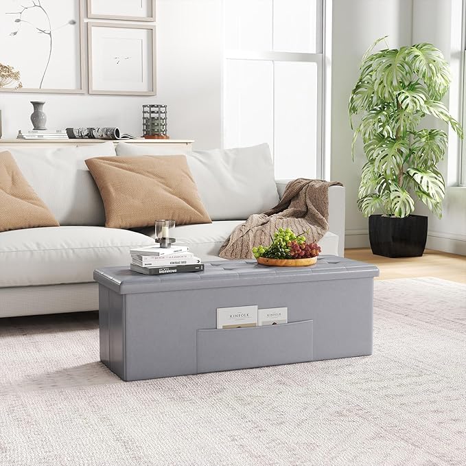 Giantex 43 Inches Folding Storage Ottoman Bench, Upholstered PU Leather Storage - Image 9