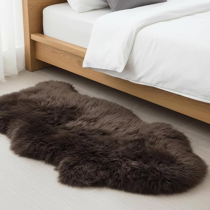 Genuine Dark Brown Sheepskin Rug 2x3 ft, Real Fluffy Single Pelt Fur Accent Rug - Image 3