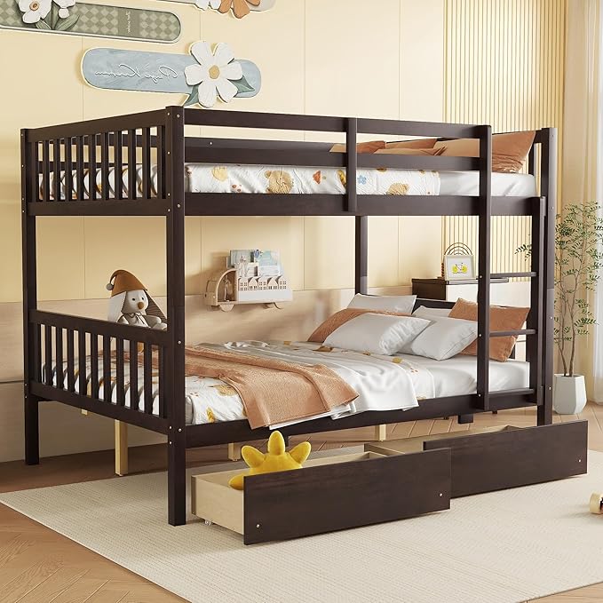 Full Over Full Bunk Bed with Storage Drawers, Convertible Bunk Beds with Ladder by Bellemave