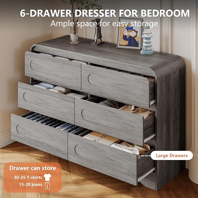 Dresser for Bedroom with 6 Drawers, Wood Closet Clothes Storage Dressers - Image 3