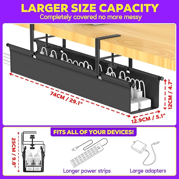 Large Under Desk Cable Management Tray, REFLYING 29.1" Cable Management Under - Image 4