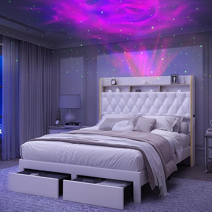 King LED Bed Frame with 2 Storage Drawers, PU Upholstered Platform Beds with by SibedsFurniture