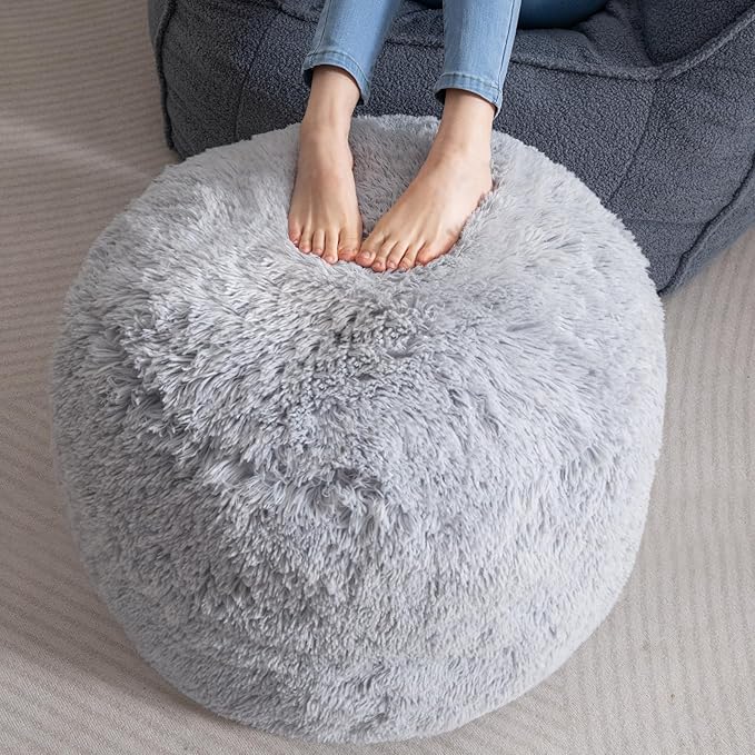 HIGOGOGO Round Stuffed Pouf Ottoman, Long Faux Fur Poufs by HIGOGOGO
