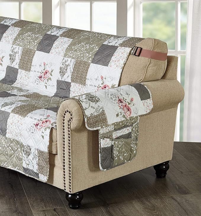 Brilliant Sunshine Rose and Toile Patchwork Couch Armrest 5 Pockets Organizer - Image 2