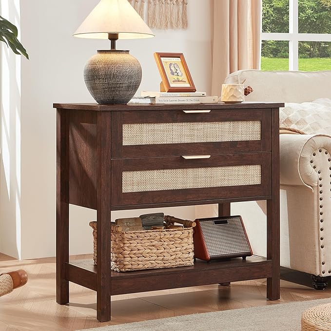 LEYAOYAO 31.5" Wide Rattan Night Stand, Oversized Large Walnut Nightstand by LEYAOYAO-Findtheshiningpointofyourideallife%EF%BC%81