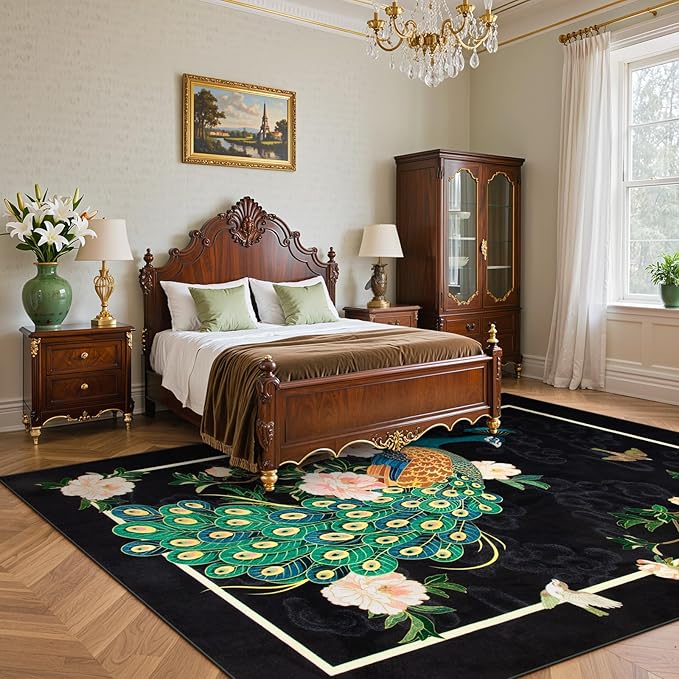 Lahome Peacock Area Rugs 8x10, Floral Non Slip Vintage Ultra-Thin Stain - Image 4