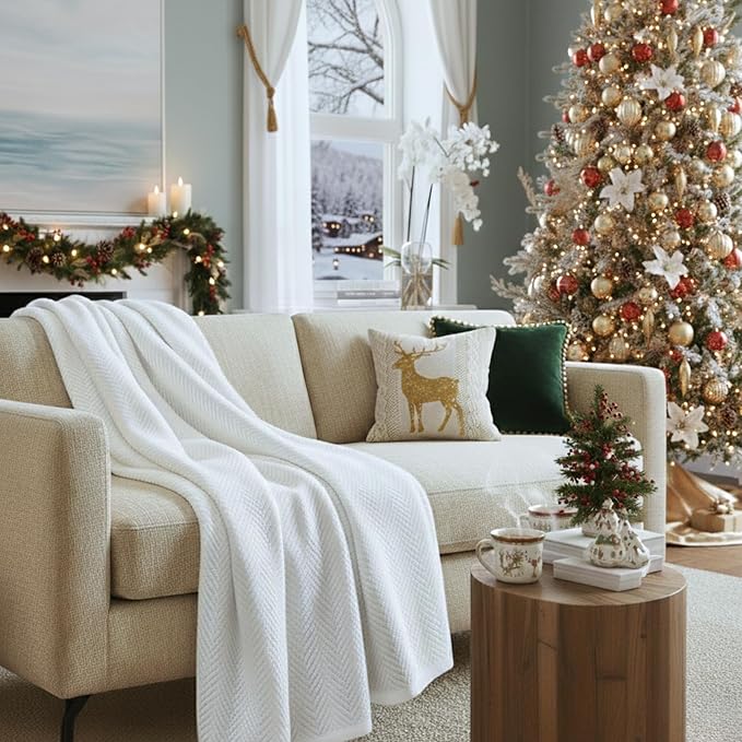 Cloud Scape Linen 100% Cotton Throw Blanket 50x70 White, Luxury All-Season by CloudScapeLinen