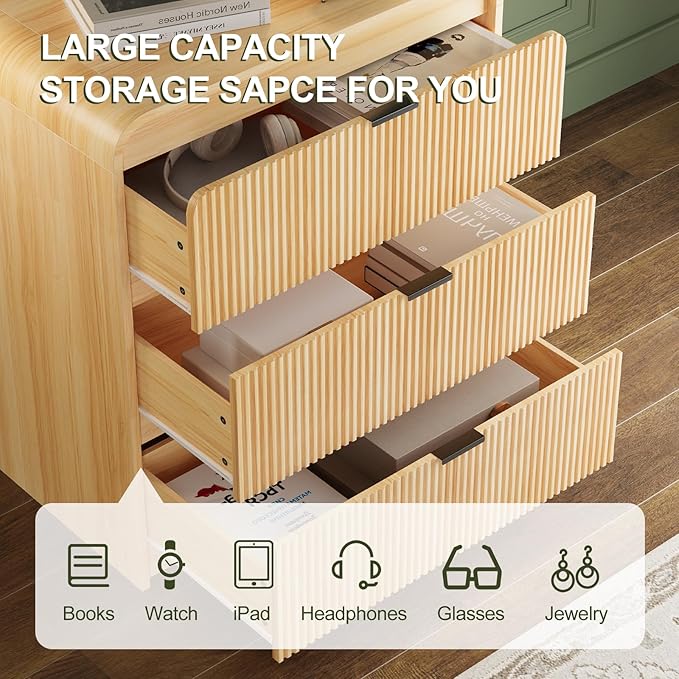 FURSUN 32" Tall Fluted Nightstand Set of 2, 3 Drawers Wooden End Table w/Storage - Image 4